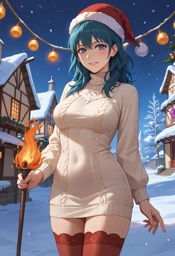 fire_emblem,byleth_(fire_emblem),Christmas,sweater dress,stockings  - AI generated anime art