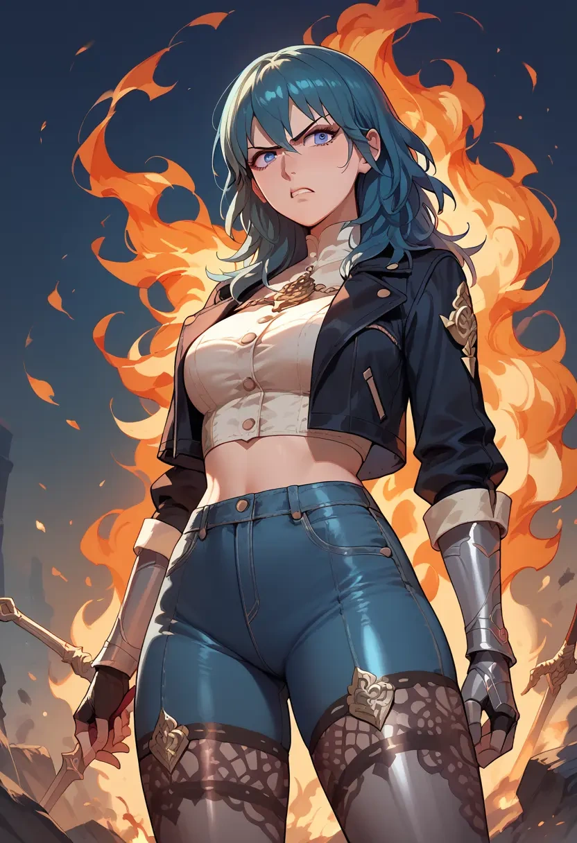 fire_emblem,byleth_(fire_emblem),denim jacket,cropped,leather leggings  - 