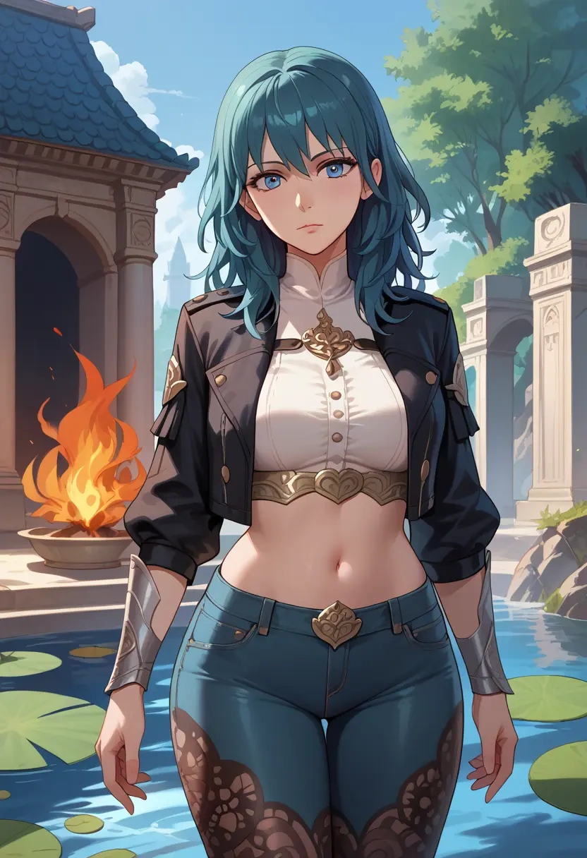 fire_emblem,byleth_(fire_emblem),denim jacket,cropped,leather leggings  - 