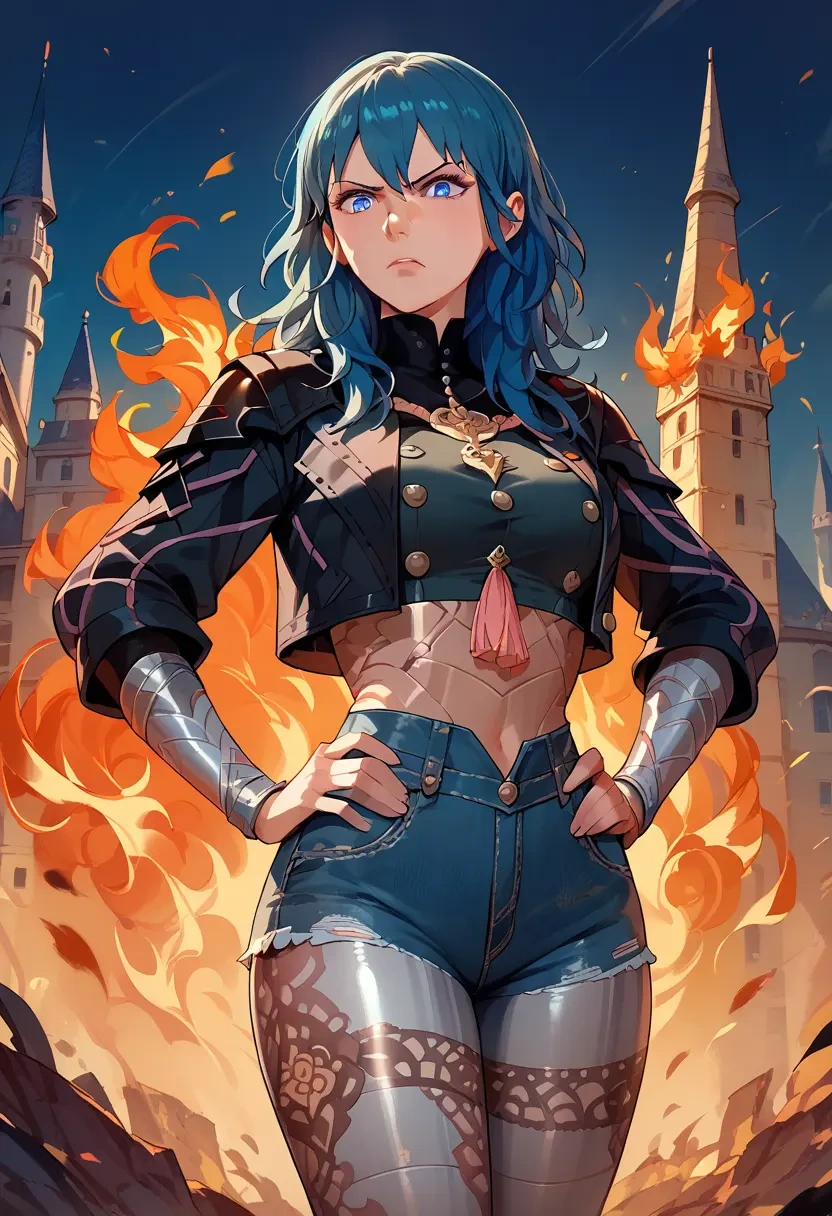 fire_emblem,byleth_(fire_emblem),denim jacket,cropped,leather leggings  - 