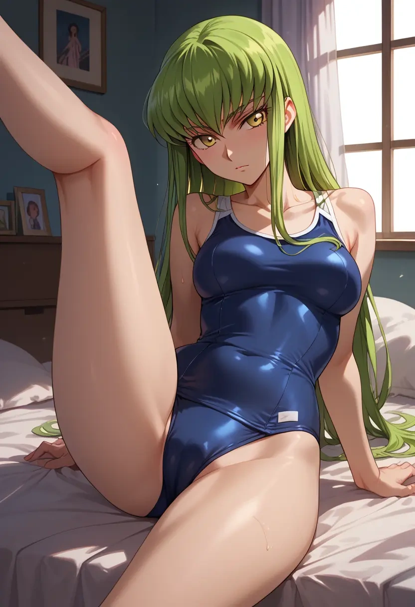 code_geass,c.c.,school swimsuit,swimsuit,spread legs,sexy,one leg up  - 