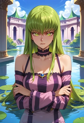 code_geass,c.c.,long-sleeve striped tee,pleated skirt,fishnet stockings  - AI generated anime art