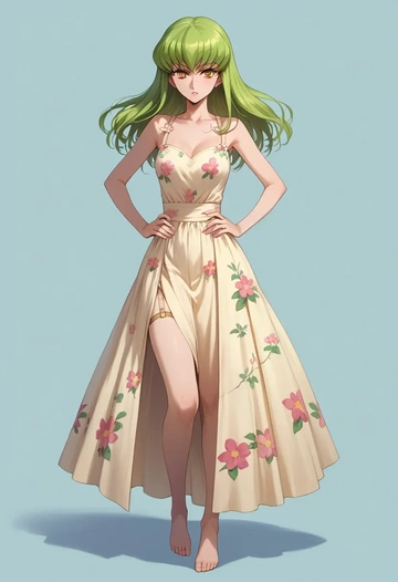 code_geass,c.c.,silk slip dress,floral prints  - AI generated anime art