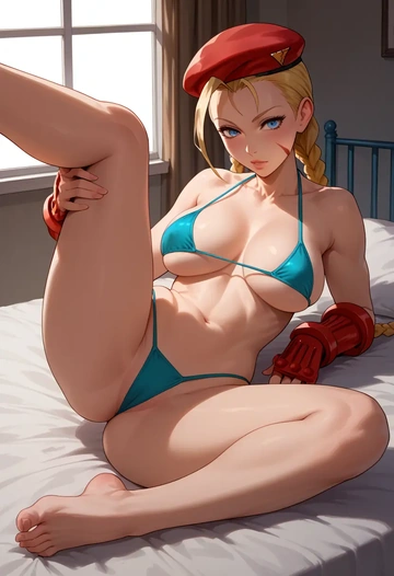 street_fighter,cammy_white,mini bikini,spread legs,sexy,one leg up  - AI generated anime art