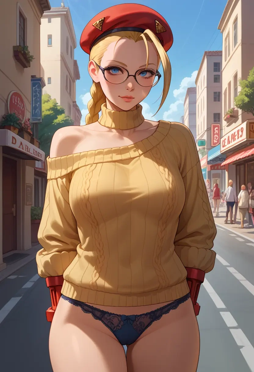 street_fighter,cammy_white,sweater,panties,off-shoulder,glasses,sexy  - 