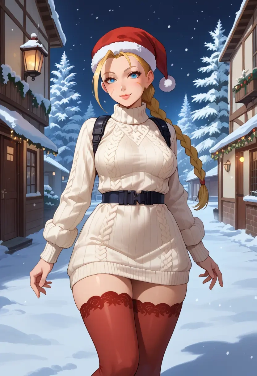 street_fighter,cammy_white,Christmas,sweater dress,stockings  - 