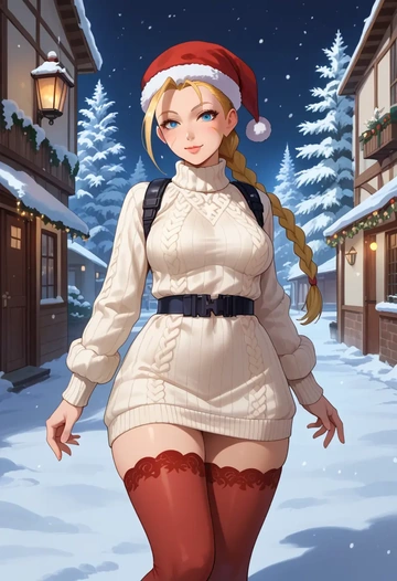 street_fighter,cammy_white,Christmas,sweater dress,stockings  - AI generated anime art