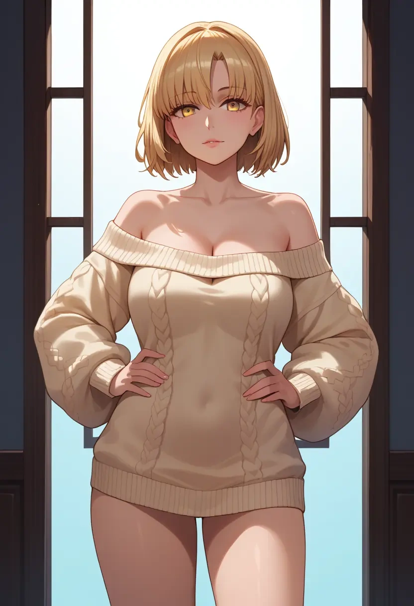 fate_(series),caren_hortensia,Hands on hips,off-shoulder,sweater  - 