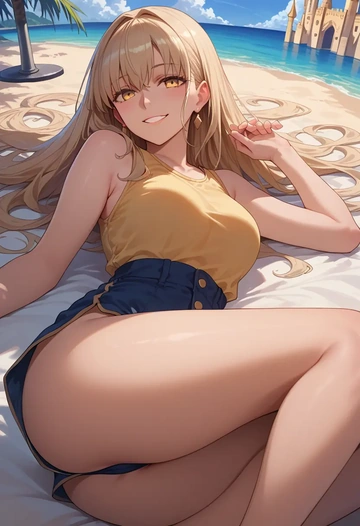 fate_(series),caren_hortensia,sleeveless swim top,shorts-style bottom,contrast stitching  - AI generated anime art