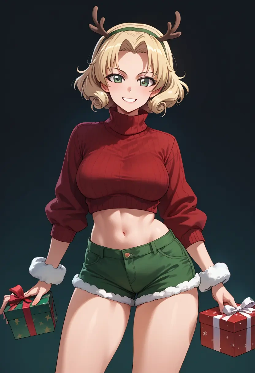 girls_und_panzer,carpaccio_(girls_und_panzer),Christmas,red velvet shorts,turtleneck sweater  - 