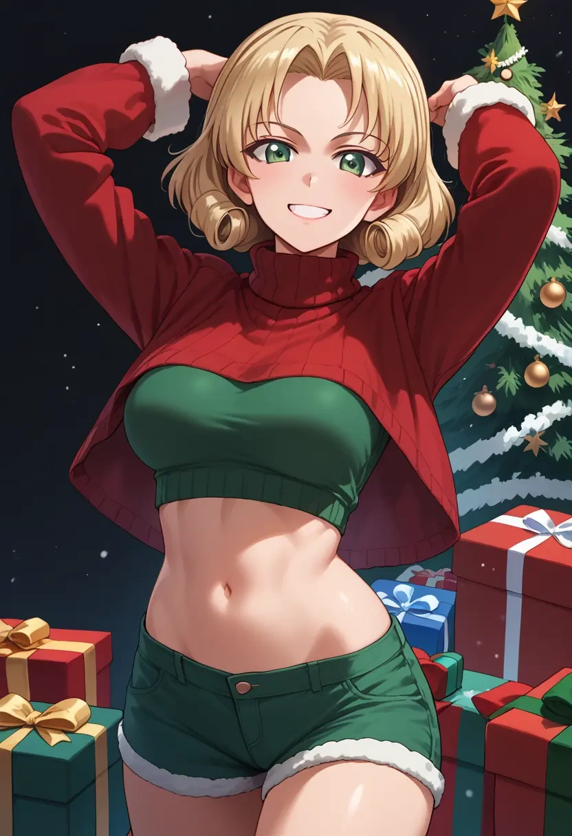 girls_und_panzer,carpaccio_(girls_und_panzer),Christmas,red velvet shorts,turtleneck sweater  - 