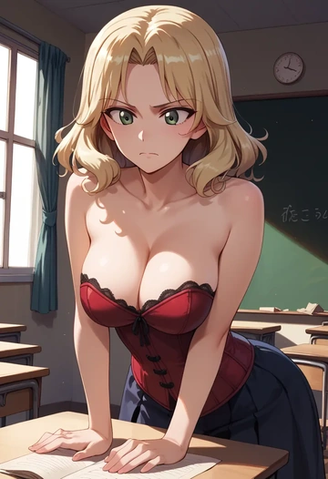 girls_und_panzer,carpaccio_(girls_und_panzer),vampire corset,lace blouse,velvet skirt  - AI generated anime art