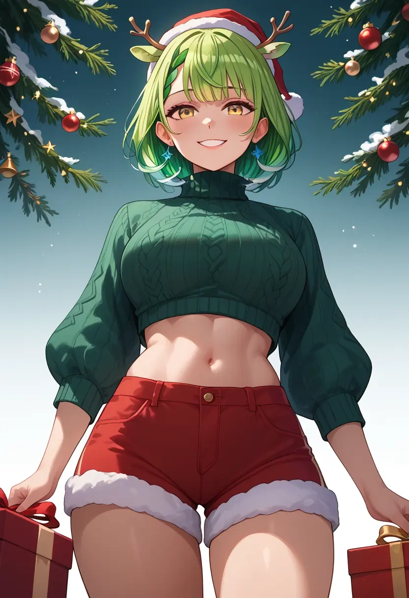 hololive,ceres_fauna,Christmas,red velvet shorts,turtleneck sweater  - 