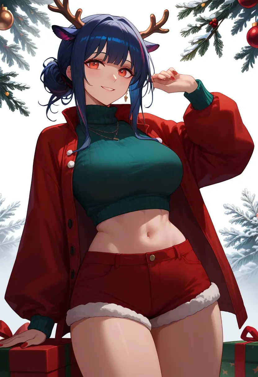 arknights,ch'en_(arknights),Christmas,red velvet shorts,turtleneck sweater  - 