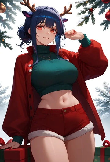 arknights,ch'en_(arknights),Christmas,red velvet shorts,turtleneck sweater  - AI generated anime art