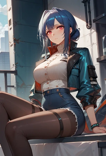 arknights,ch'en_(arknights),denim jacket,cropped,leather leggings  - AI generated anime art