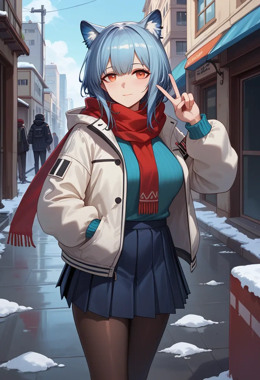 arknights,ch'en_(arknights),winter,student uniform,puffer jacket  - 