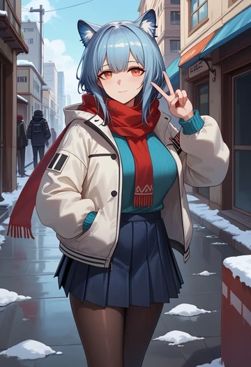 arknights,ch'en_(arknights),winter,student uniform,puffer jacket  - AI generated anime art