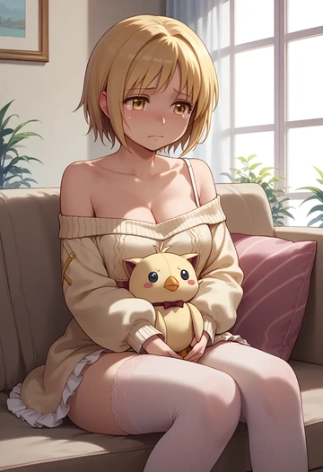 mahou_shoujo_madoka_magica,charlotte_(madoka_magica),Pouting ,Teary-eyed,off-shoulder,sweater  - AI generated anime art