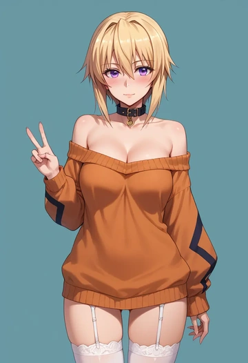 infinite_stratos,charlotte_dunois,blushing,collar,off-shoulder,sweater,stockings  - AI generated anime art