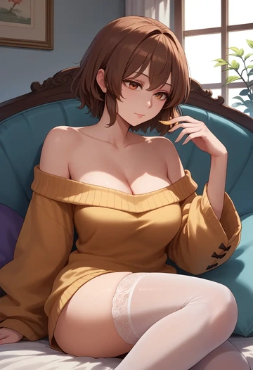 touhou,chen,cross-legged,Head resting on hand,off-shoulder,sweater  - AI generated anime art