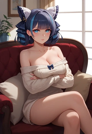 azur_lane,cheshire_(azur_lane),arms crossed,off-shoulder,sweater,cross-legged  - AI generated anime art