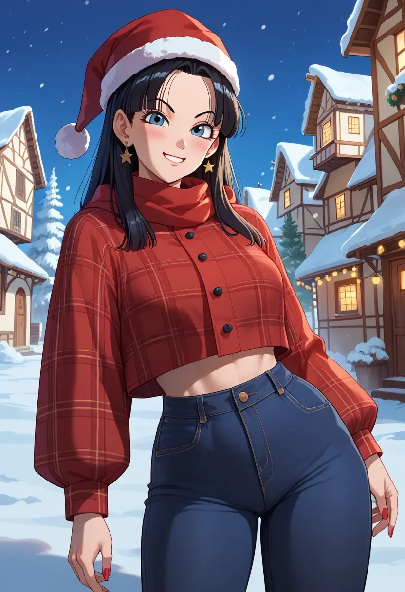 dragon_ball,chi-chi_(dragon_ball),Christmas,plaid trousers  - 