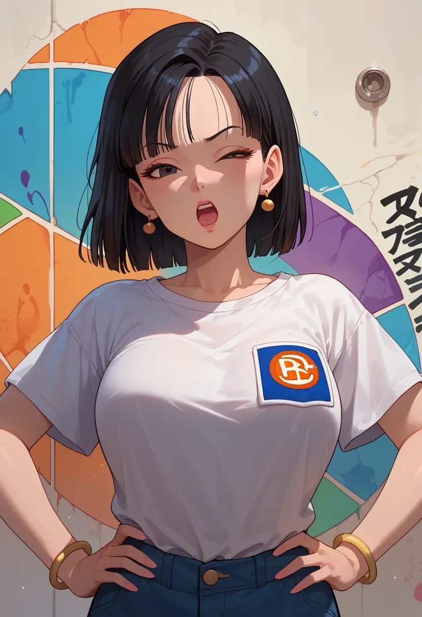 dragon_ball,chi-chi_(dragon_ball),oversized graffiti shirt,dolphin shorts  - 