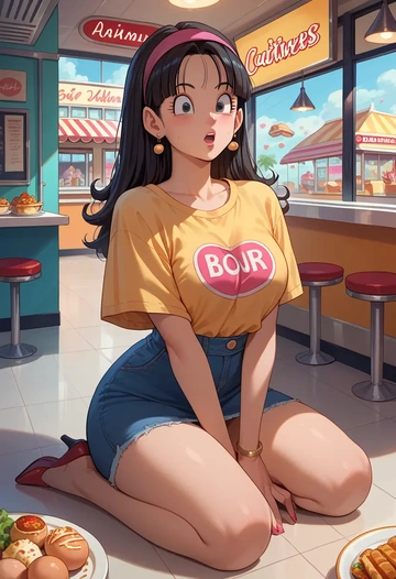 dragon_ball,chi-chi_(dragon_ball),silk graffiti shirt,dolphin shorts  - AI generated anime art