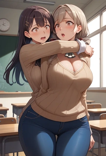 kantai_collection,chikuma_(kancolle),teacher, sweater, jeans shorts  - AI generated anime art