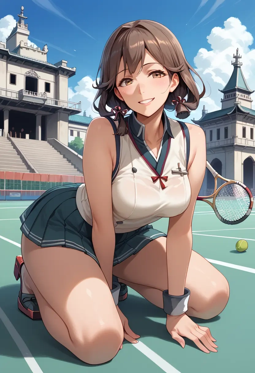 kantai_collection,chikuma_(kancolle),tennis dress,visor,trainers  - 