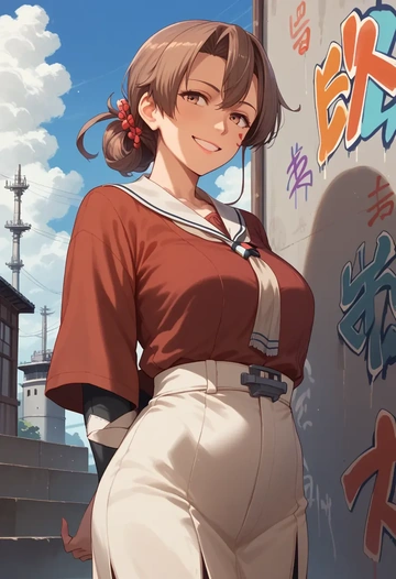 kantai_collection,chikuma_(kancolle),patchwork graffiti top,dolphin shorts  - AI generated anime art