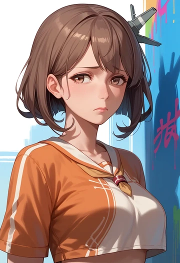 kantai_collection,chikuma_(kancolle),cropped graffiti sweatshirt,dolphin shorts  - AI generated anime art