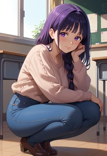 hyouka,chitanda_eru,teacher, sweater, jeans shorts  - AI generated anime art