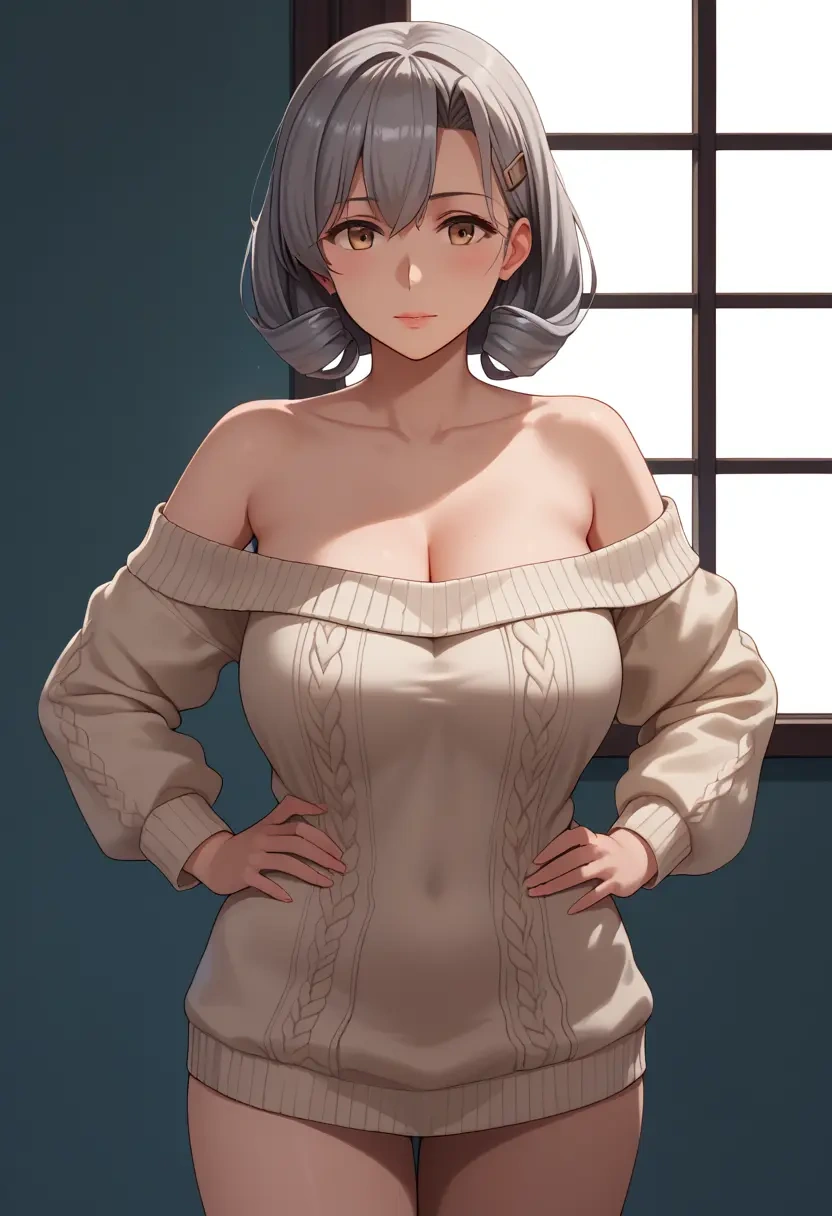 kantai_collection,chitose_(kancolle),Hands on hips,off-shoulder,sweater  - 