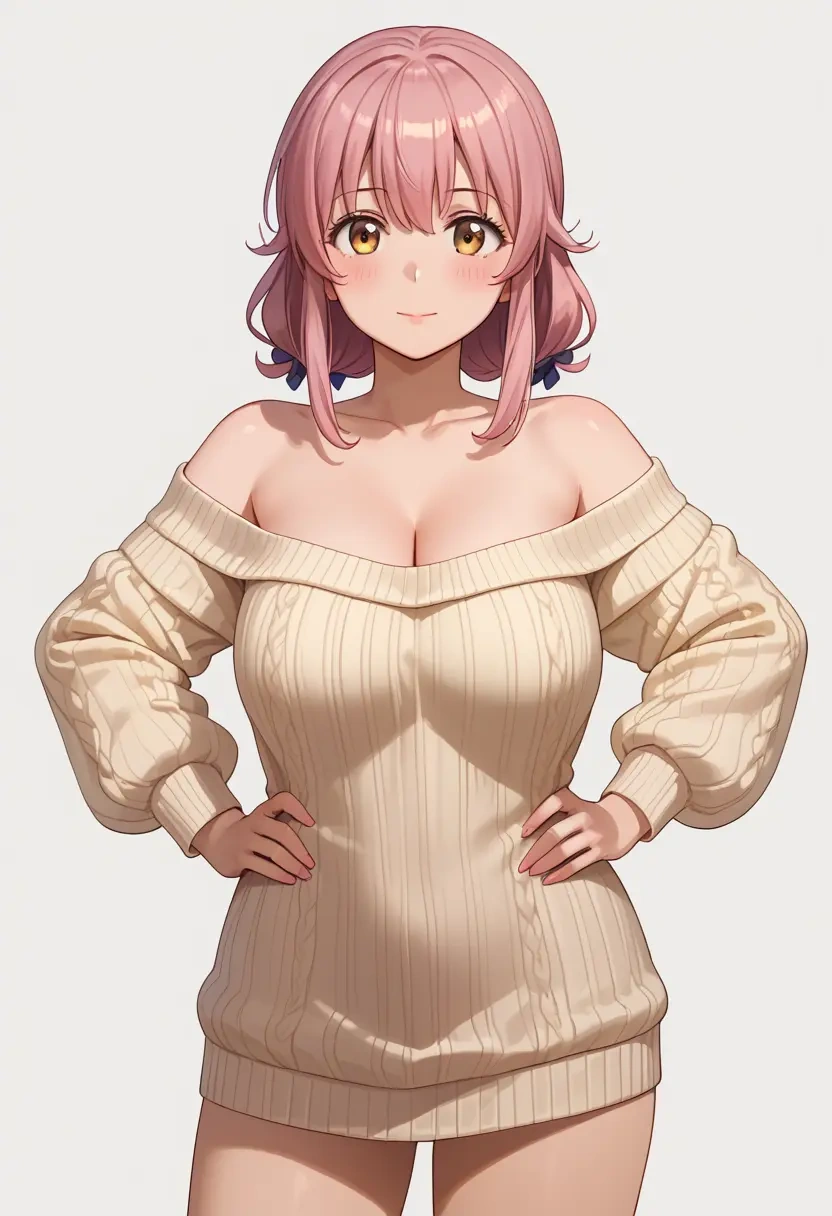 machikado_mazoku,chiyoda_momo,Hands on hips,off-shoulder,sweater  - 