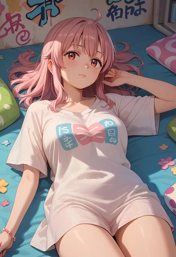 machikado_mazoku,chiyoda_momo,oversized graffiti shirt,dolphin shorts  - AI generated anime art