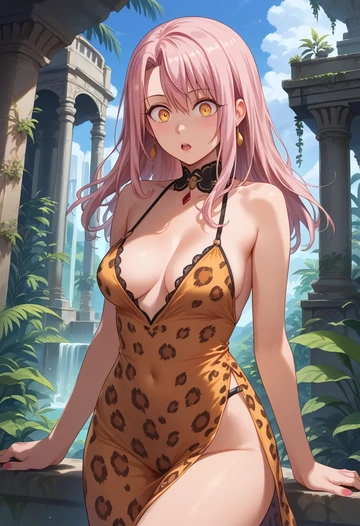 fate_(series),chloe_von_einzbern,leopard print,silk slip dress  - AI generated anime art