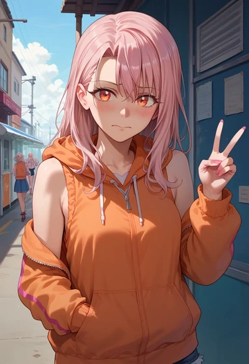 fate_(series),chloe_von_einzbern,sleeveless hoodie,biker shorts  - AI generated anime art