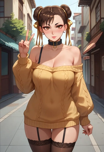 street_fighter,chun-li,blushing,collar,off-shoulder,sweater,stockings  - AI generated anime art