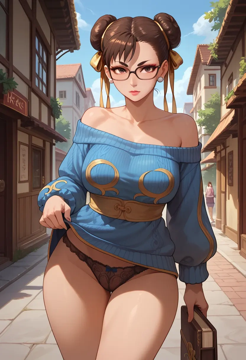 street_fighter,chun-li,off-shoulder,panties,glasses,sweater  - 