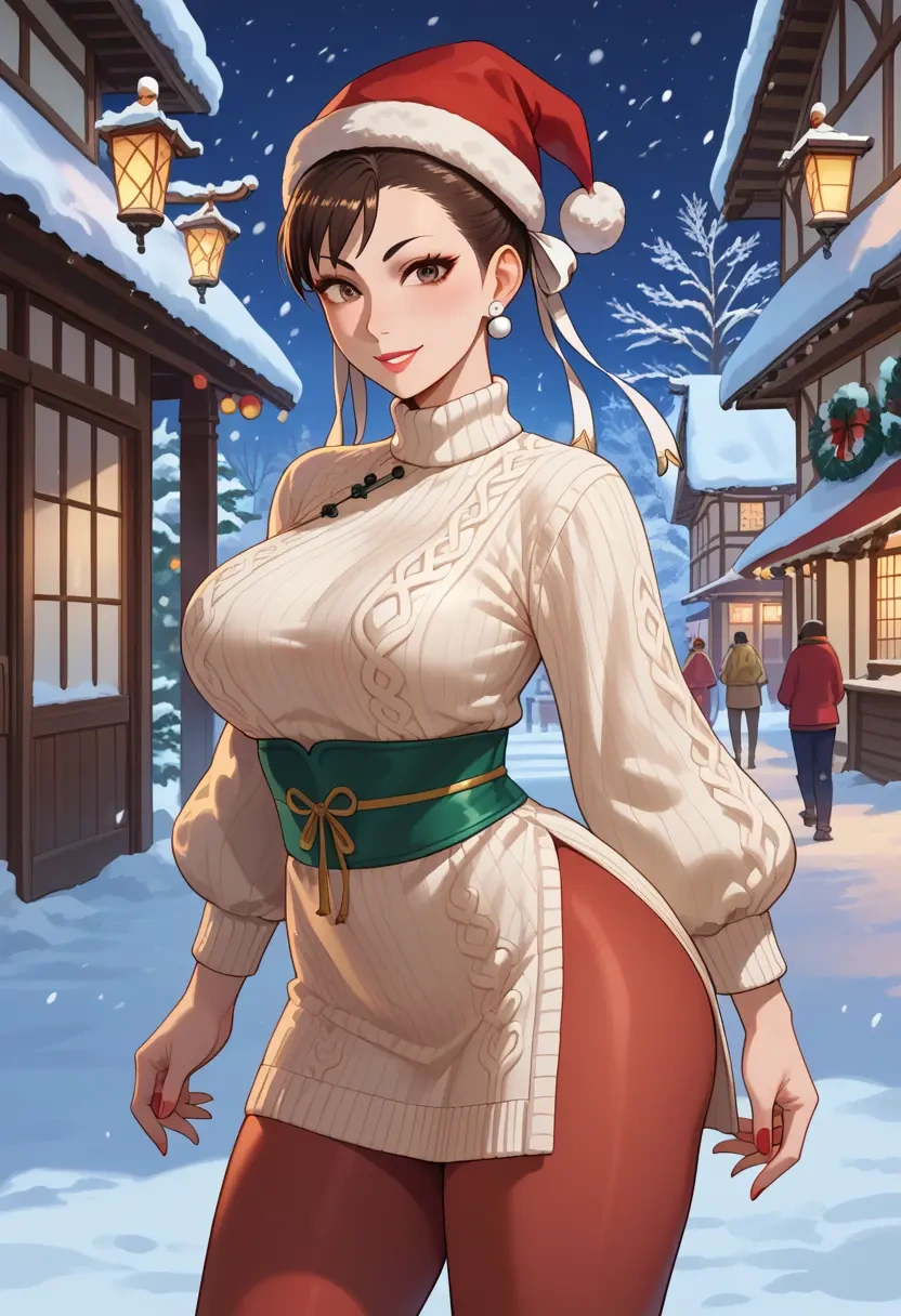 street_fighter,chun-li,Christmas,sweater dress,stockings  - 