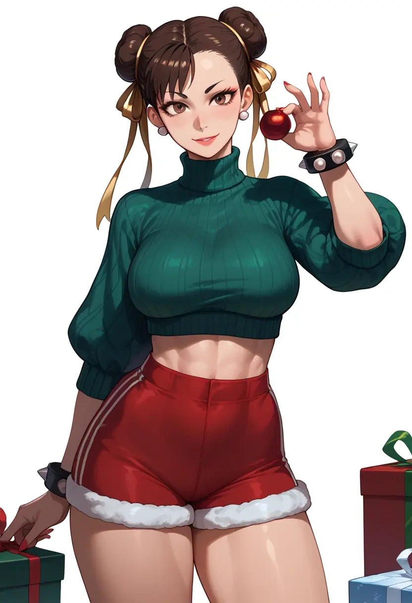 street_fighter,chun-li,Christmas,red velvet shorts,turtleneck sweater  - 