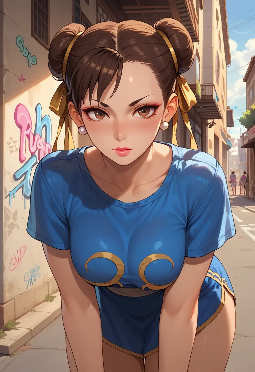 street_fighter,chun-li,crop graffiti tee,dolphin shorts  - 