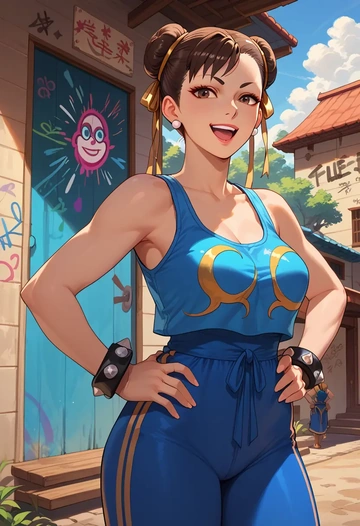 street_fighter,chun-li,abstract graffiti tank,dolphin shorts  - AI generated anime art