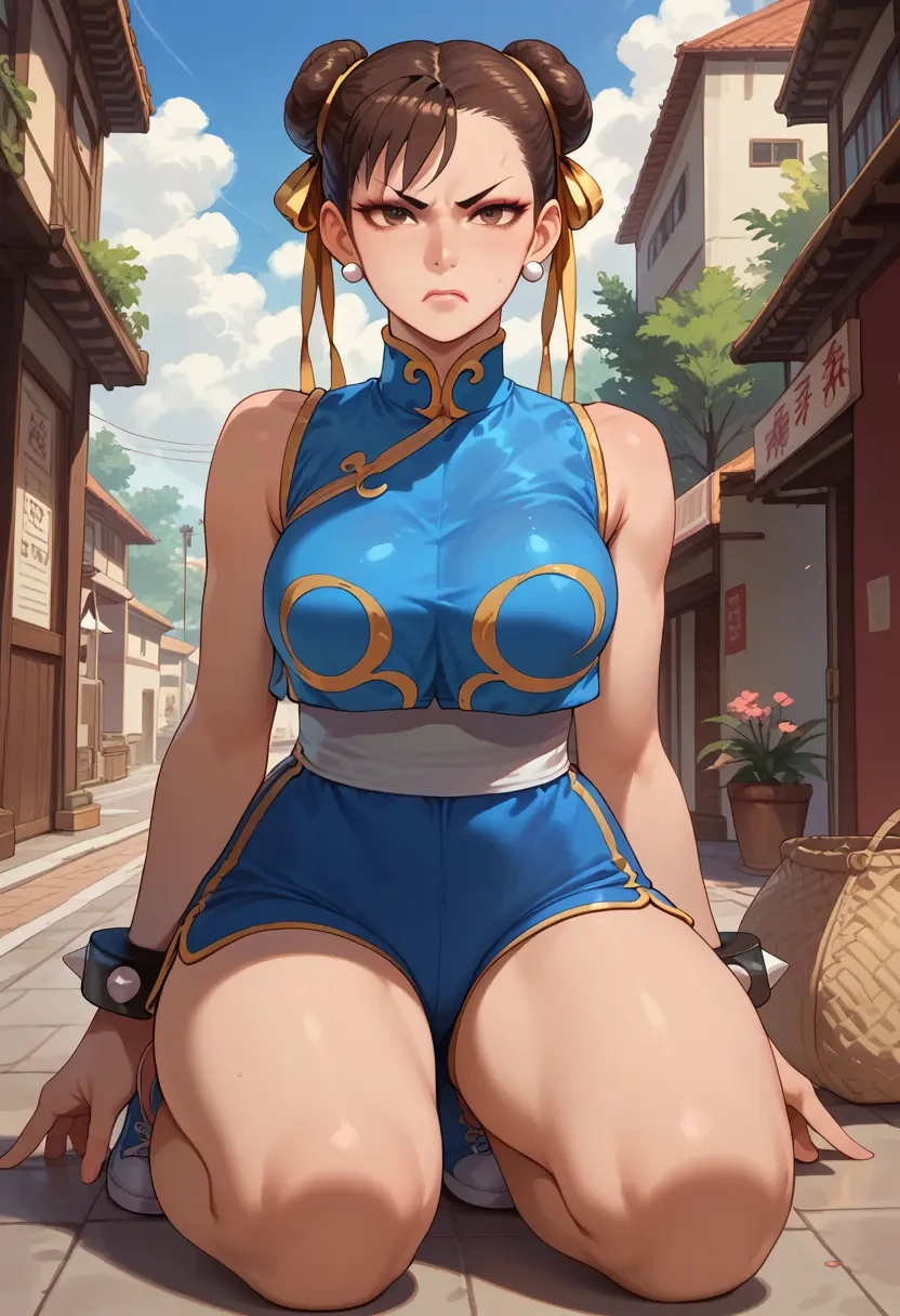 street_fighter,chun-li,sleeveless swim top,shorts-style bottom,contrast stitching  - 