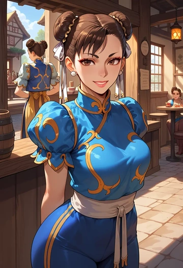 street_fighter,chun-li,pop art shirt,dolphin shorts  - AI generated anime art