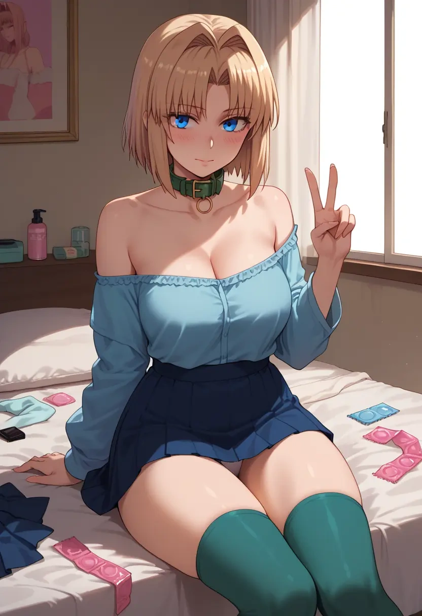 tsukihime,ciel_(tsukihime),blushing,collar, peace sign, condom,mini skirt,Thigh garters  - 