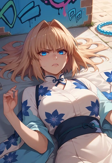 tsukihime,ciel_(tsukihime),floral graffiti blouse,dolphin shorts  - AI generated anime art