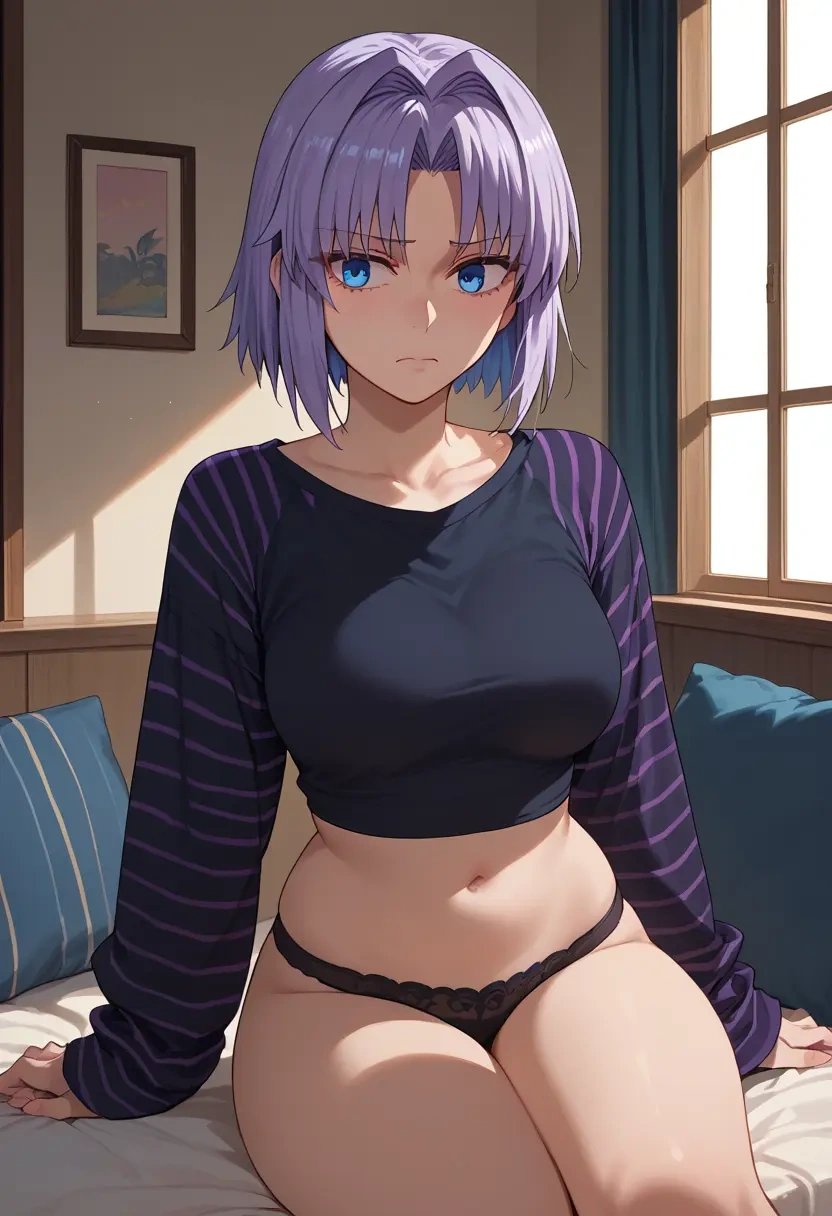 tsukihime,ciel_(tsukihime),long-sleeve striped tee,pleated skirt,fishnet stockings  - 